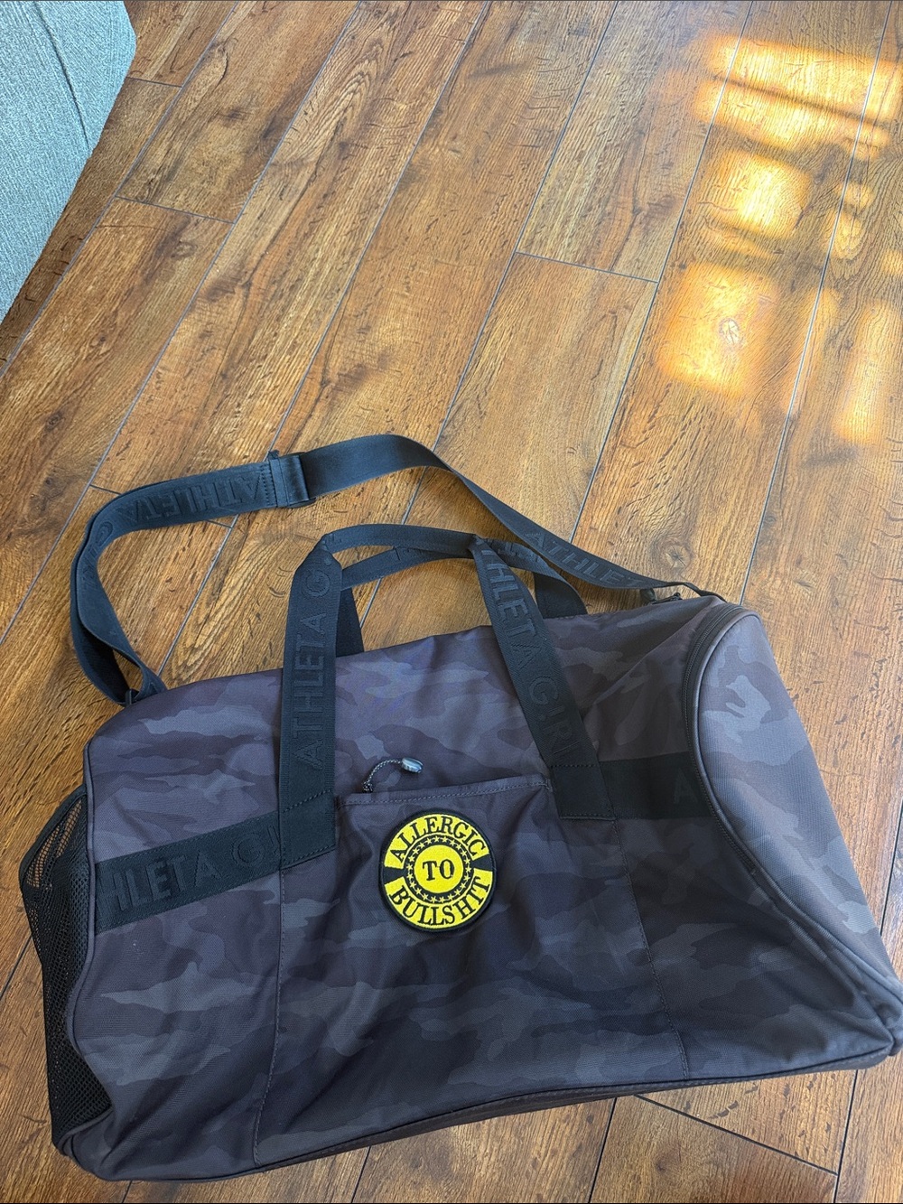 Athleta Black Camo Shoulder Duffel with Yellow Patch